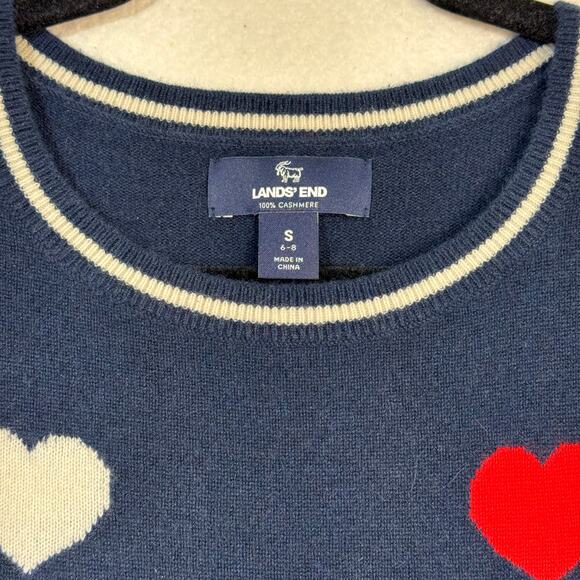 Land's End White Hearts Navy Cashmere Crewneck Super Soft Sweater Size Small 6-8 - Picture 5 of 7